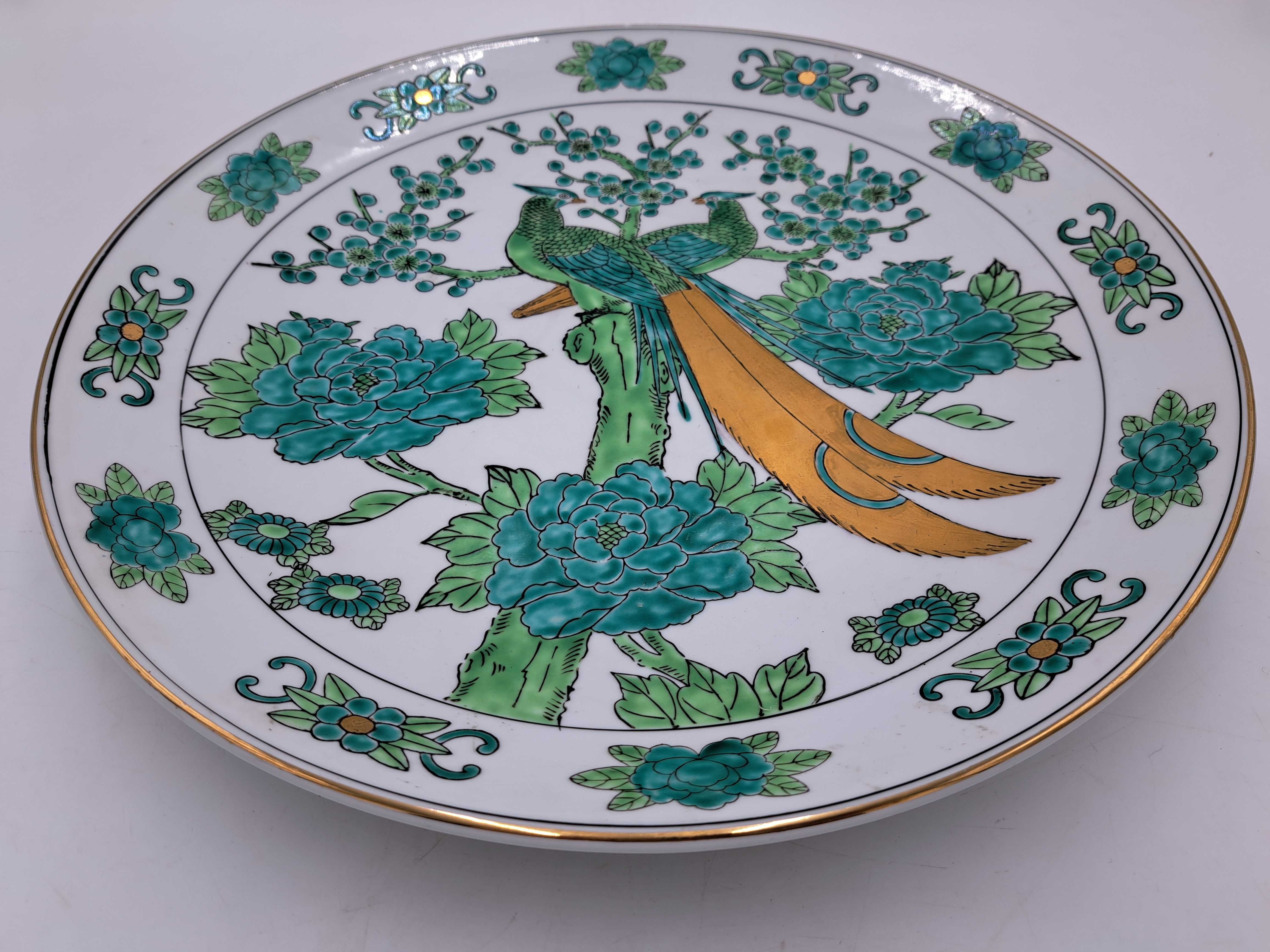 Talerz na ścianę patera Gold Imari Hand Painted zielony paw złocenia