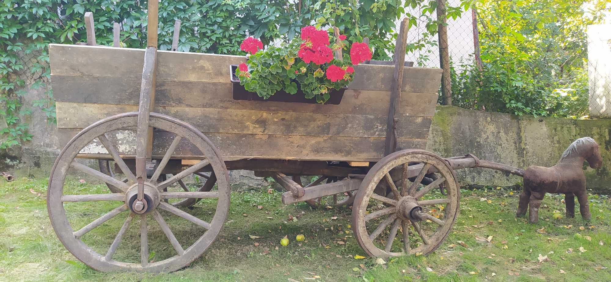 Zabytkowy, stary wóz konny żelaźniak, ozdoba ogrodu