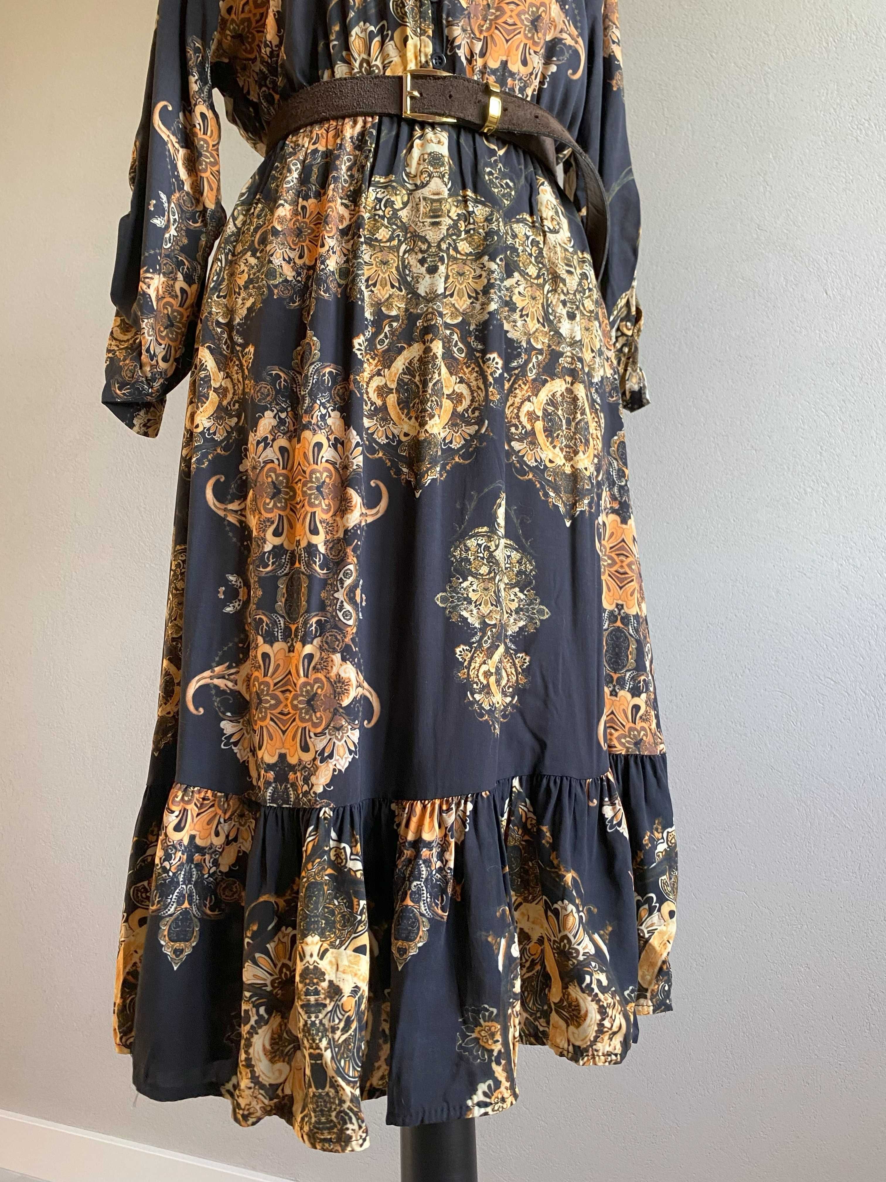 Letnia sukienka midi boho 100% wiskoza wzory rękaw 3/4