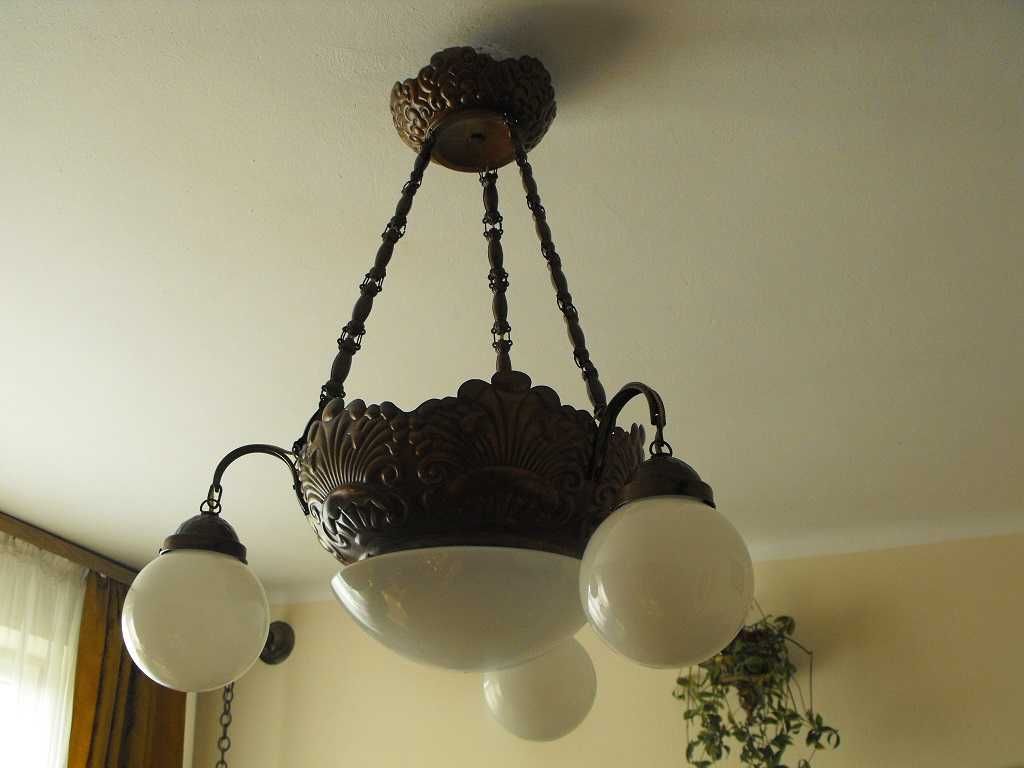 Oryginalny, miedziany żyrandol/lampa z kloszami