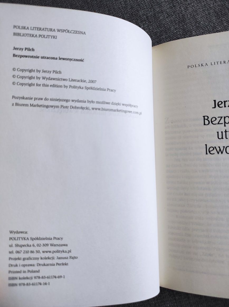 Jerzy Pilch Bezpowrotnie utracona leworęczność biblioteka polityki