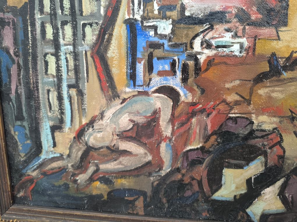 Piękny stary oryginalny obraz olejny 1947 r Waldman Mosze " Getto"