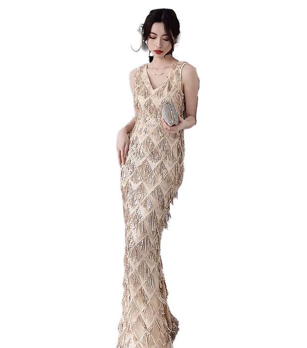 Suknia wieczorowa maxi beżowa z frędzlami elegancka efektowna XL