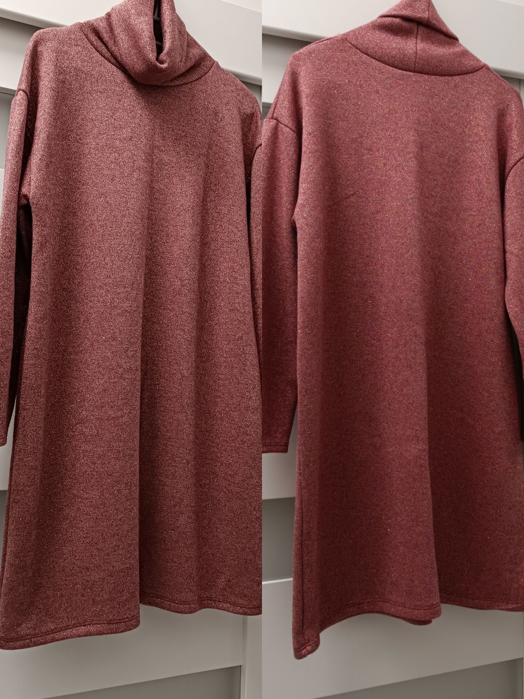 Sukienka nowa bez metki golf brokat pudrowy róż uniwersalna S M L XL