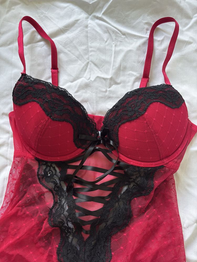 Body koronkowe z siateczką push up rozmiar S/M 38 H&M czerwone czarne