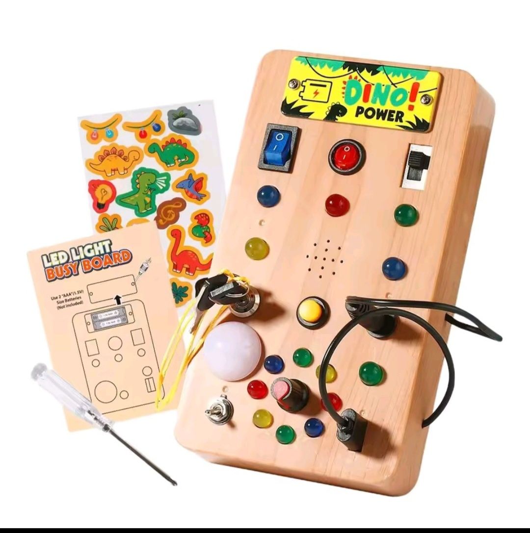 Zabawka edukacyjna Montessori Busy Board  sensoryczna dźwięk dinozaura