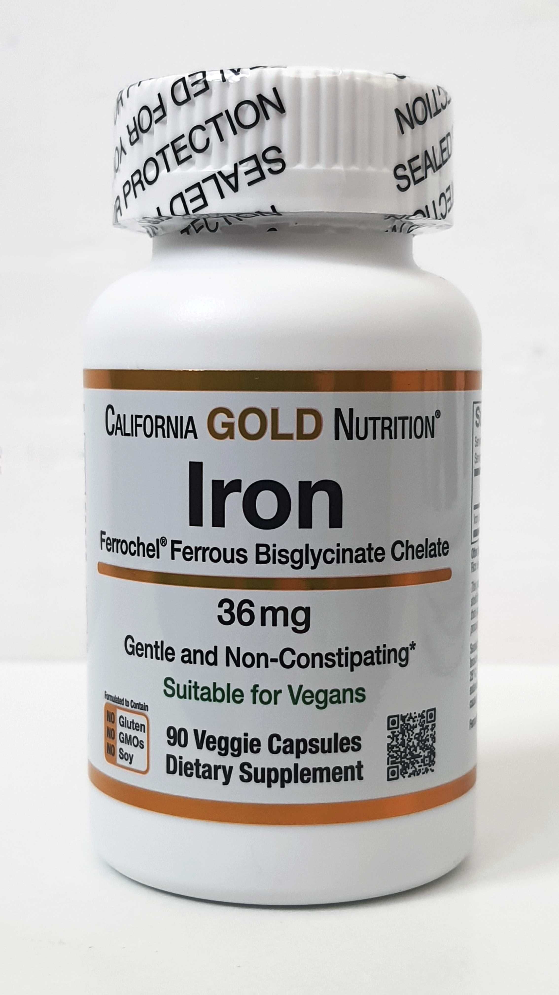 Железо бисглицинат California Gold Nutrition Ferrochel, 36 мг, 90 капс