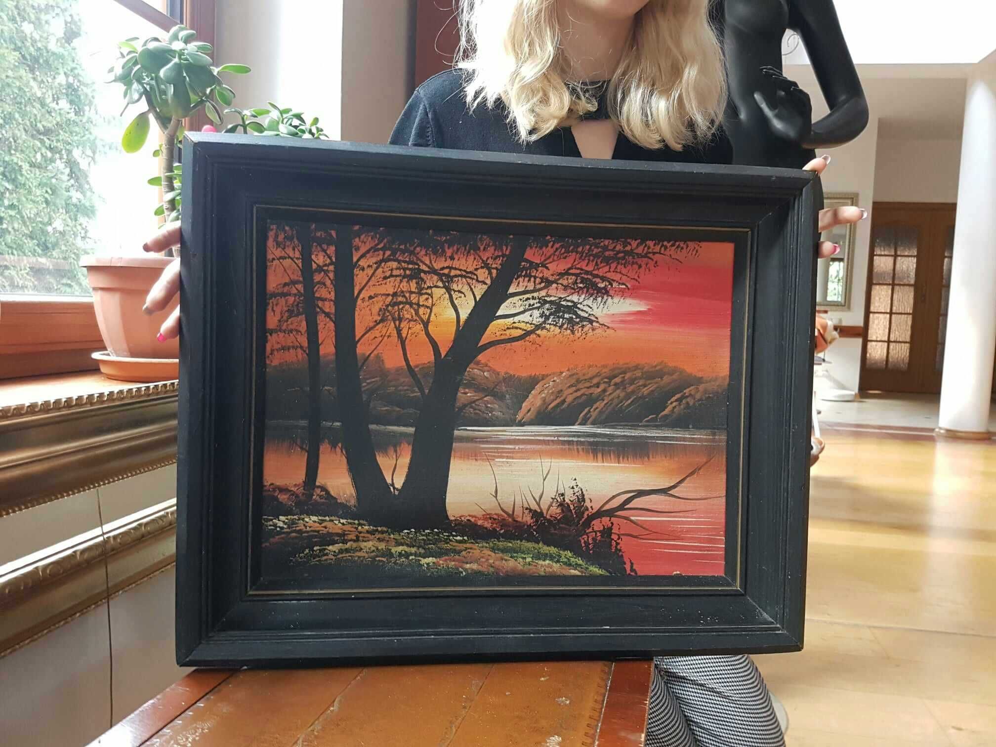 Obraz malowany olej na płótnie "Zachód Słońca Nad Wodą" CZARNA RAMA