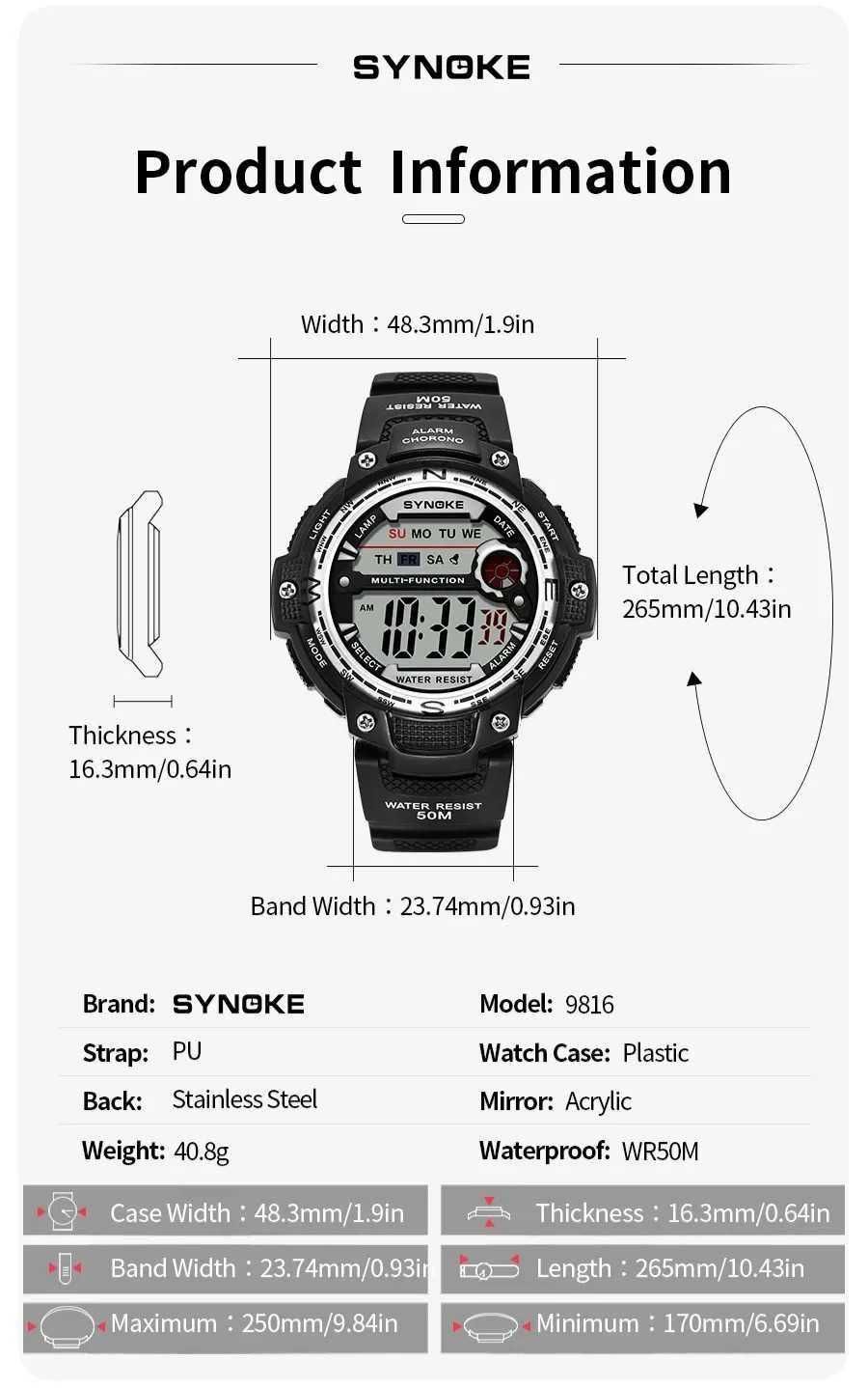 Zegarek elektroniczny Synoke męski sportowy wodoszczelny WR50 LED