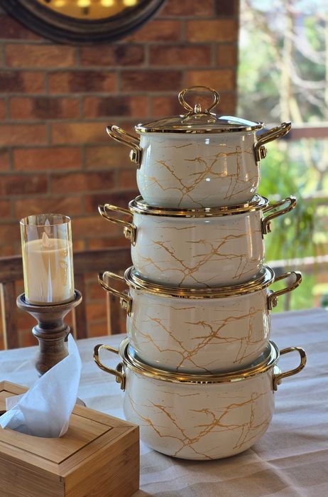 Garnki zestaw emalia marmur kremowe