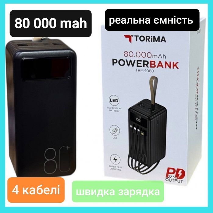 Power Bank, павербанк Torima TRM-1080 22,5W / 80000 mAh з кабелями
