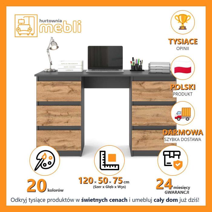 Biurko Szkolne Nowoczesne 6 Szuflad Ofi 120cm Komputerowe Młodzieżowe