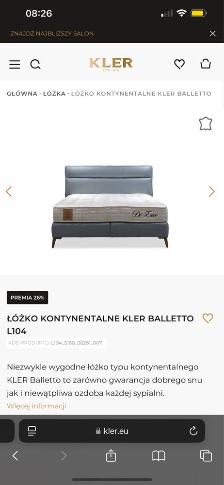 Łóżko kontynentalne KLER Balletto 180x200