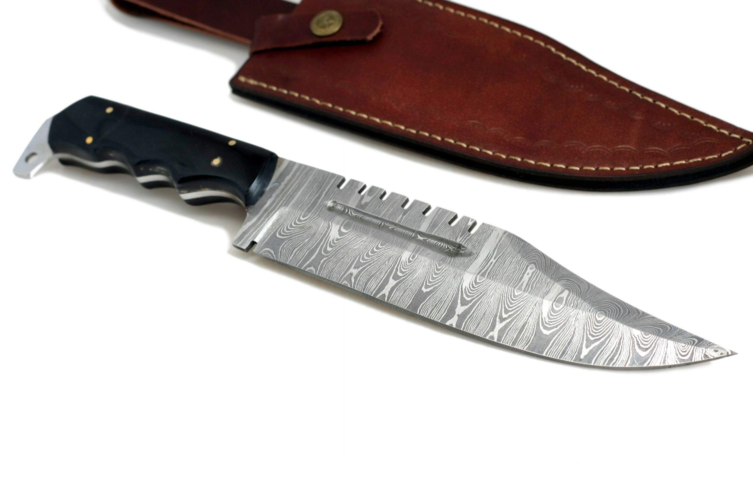 Nóż ręcznie wykonany Bowie survival stal damasceńska skórzane etui 758
