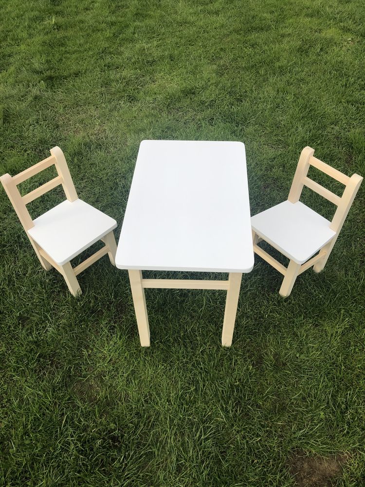Mebelki drewniane sosnowe mięta białe zestaw stolik dwa 2 krzesełka