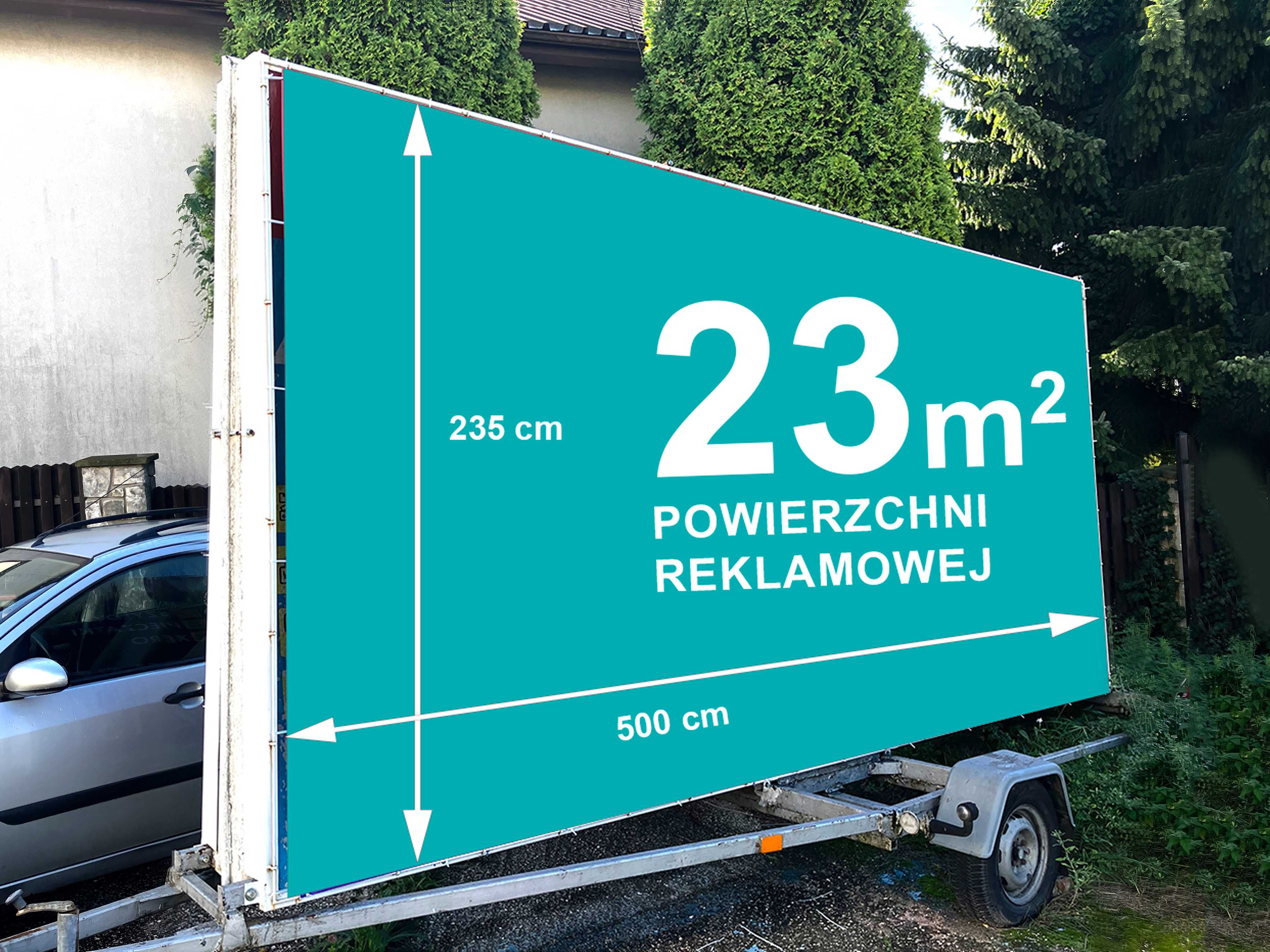 Wynajem przyczepy reklamowej 5x2,3m. Mocowania do banerów