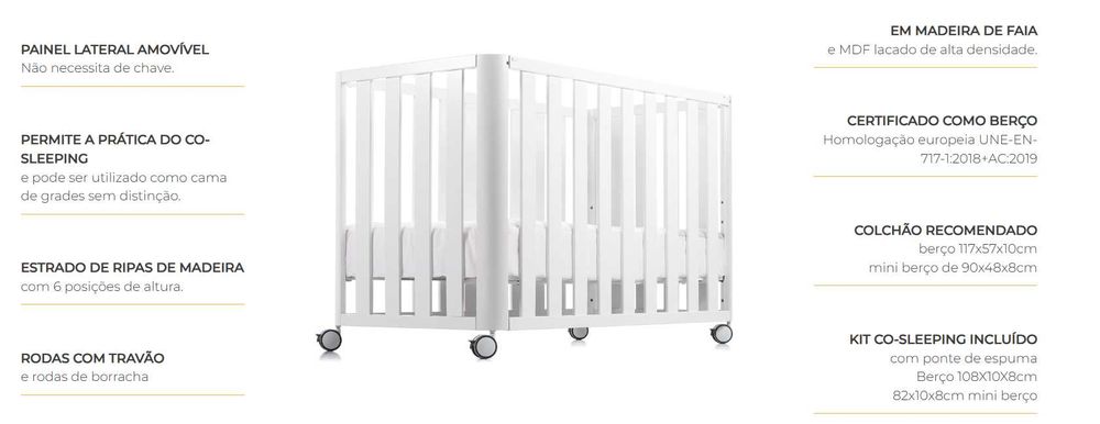 berço branco doco sleeping 120x60 com rodinhas + colchão