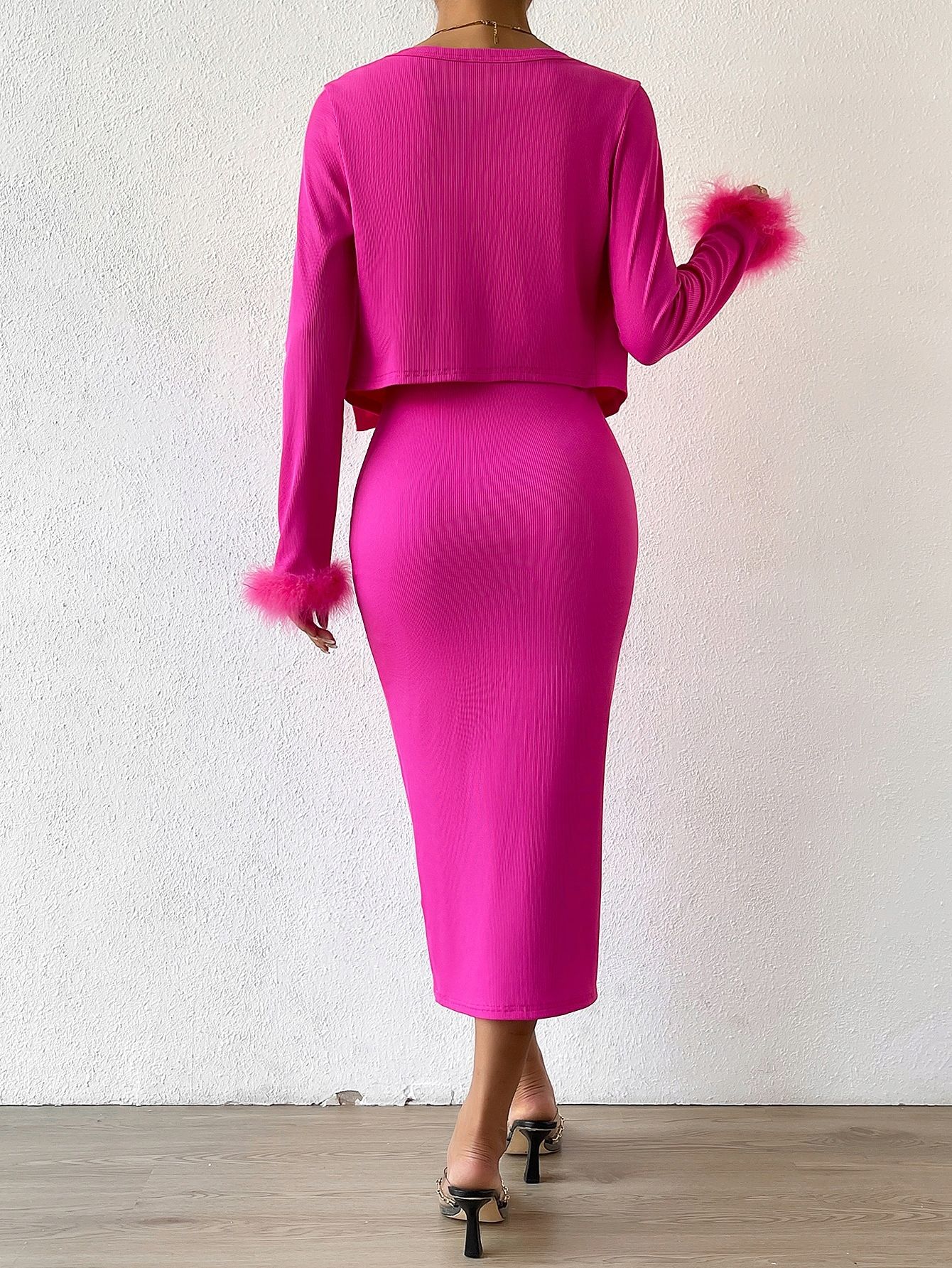 Sukienka Midi Sexy Obcisła Prążkowana Różowa + Bolerko Shein M 38