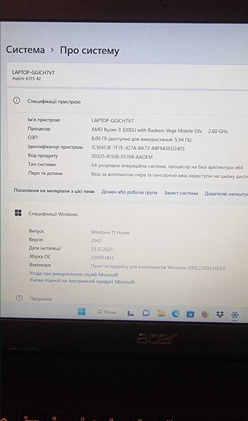 Ноутбук Acer Aspire 3 A315-42, ryzen 3 3200U, ram 8, ssd 1000 Gb.