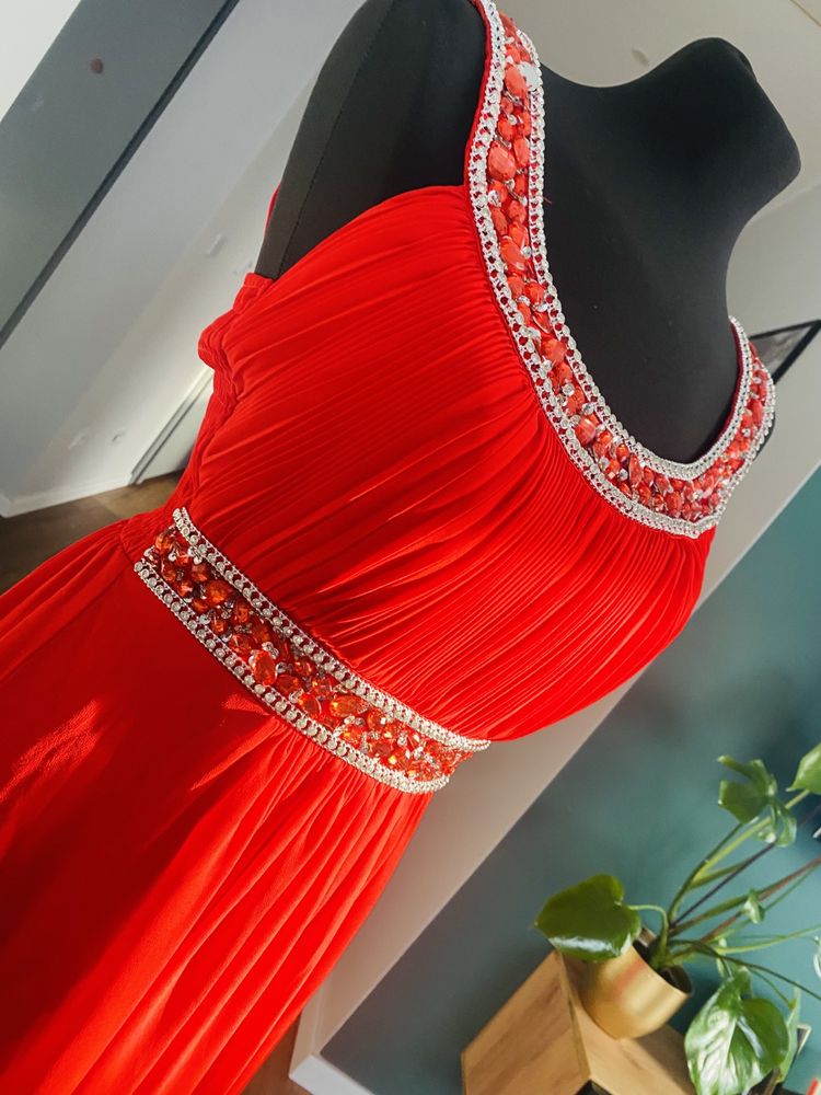 Długa sukienka czerwona grecka kamienie blyszczace s 36 m 38 wesele