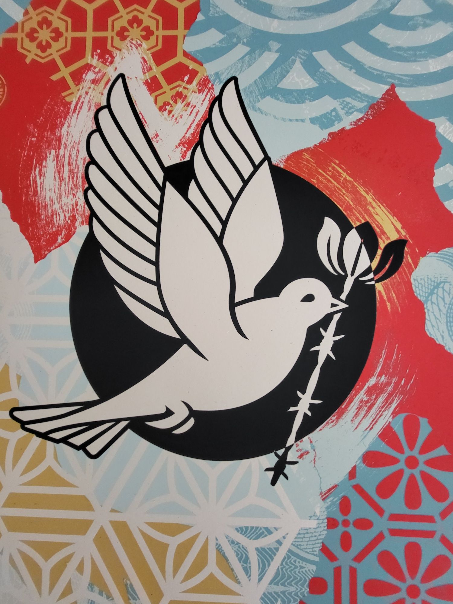 Screen print Shepard Fairey Barbwire Dove Collage