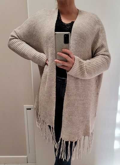 Beżowy kardigan / sweter z frędzlami, wełną, moherem, Camaïeu, L (40)