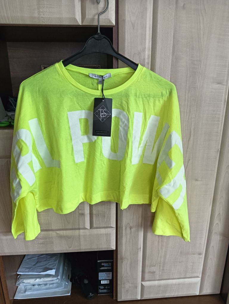 Top  letni Crop z bawełny oversize -żółty neon z napisem Girl Power XS