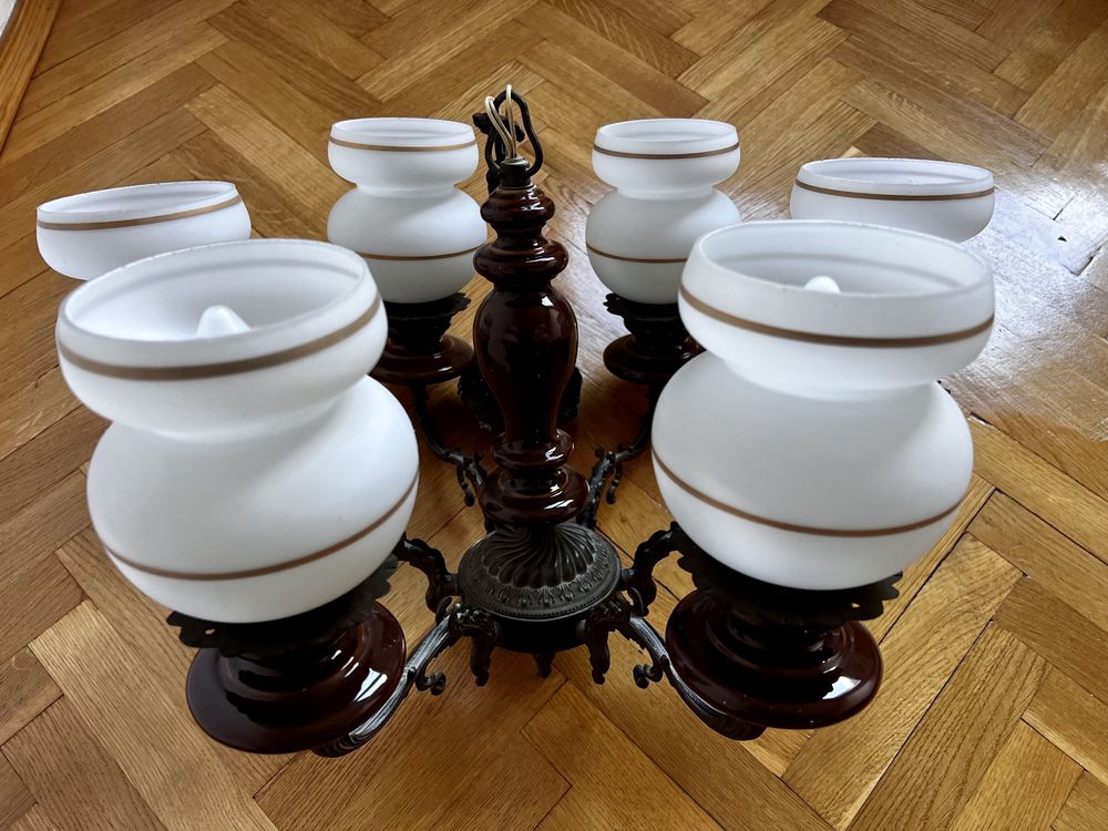 Żyrandol ceramiczno-mosiężny PRL Lampa wisząca