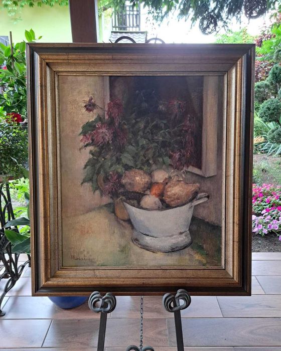 Obraz olejny - kompozycja z fioletowymi chryzantemami