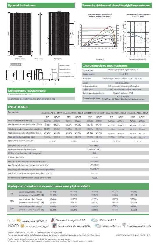 Panel fotowoltaiczny JINKO SOLAR 545W Bifacial srebrna rama