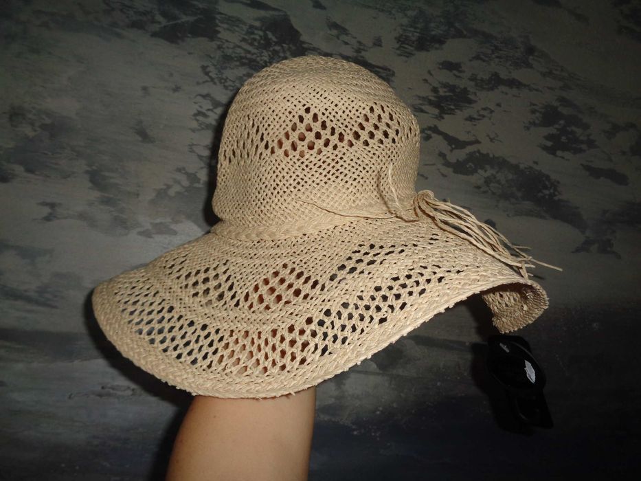 E-VIE śliczny NOWY modny beżowy letni kapelusz z szerokim rondem