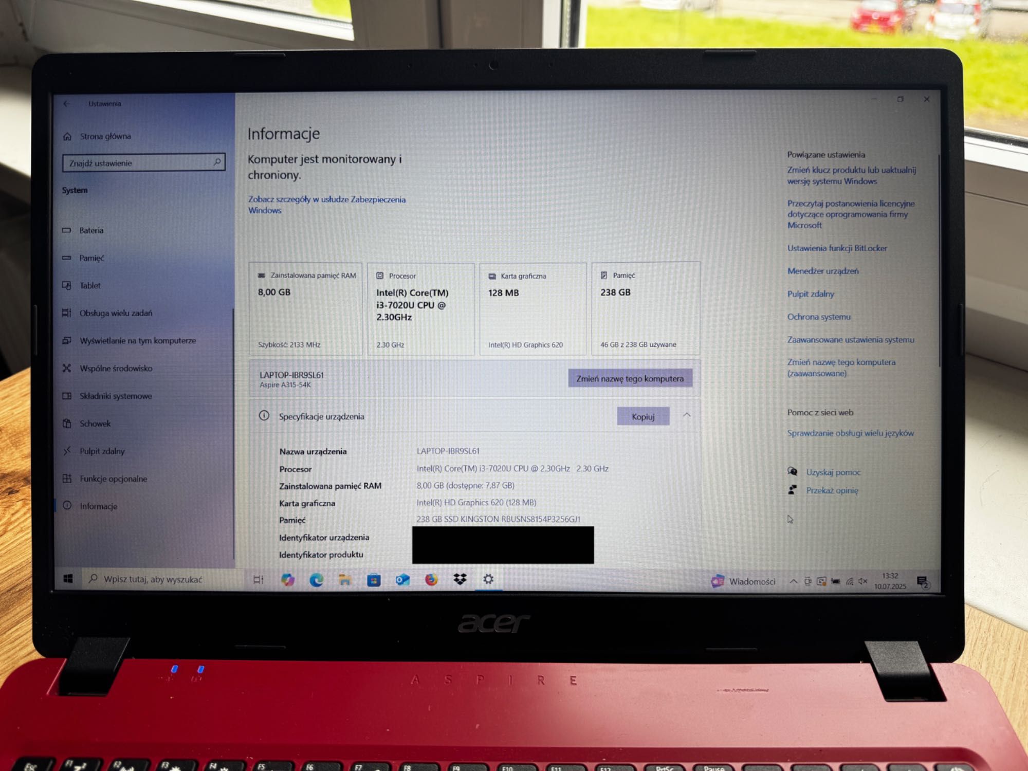 Laptop ACER Aspire 3 N19C1 czerwony, i3, 8G RAM, 240G SSD
