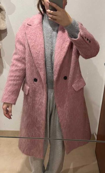 Płaszcz Zara wełna wełniany alpaka mocher różowa oversize rozm M-L