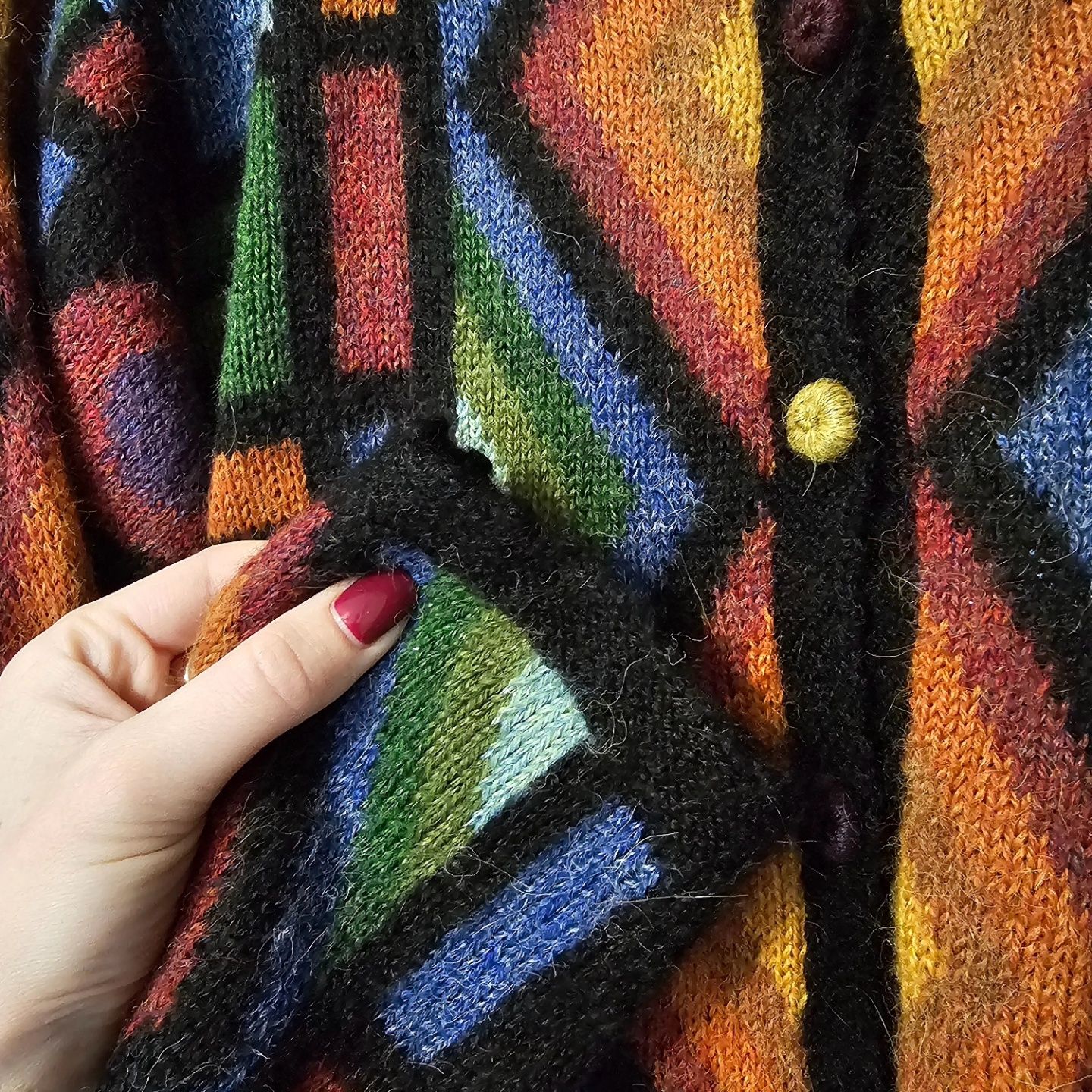 Damski sweter kardigan 100% alpaka wełna handmade vintage wzorzysty