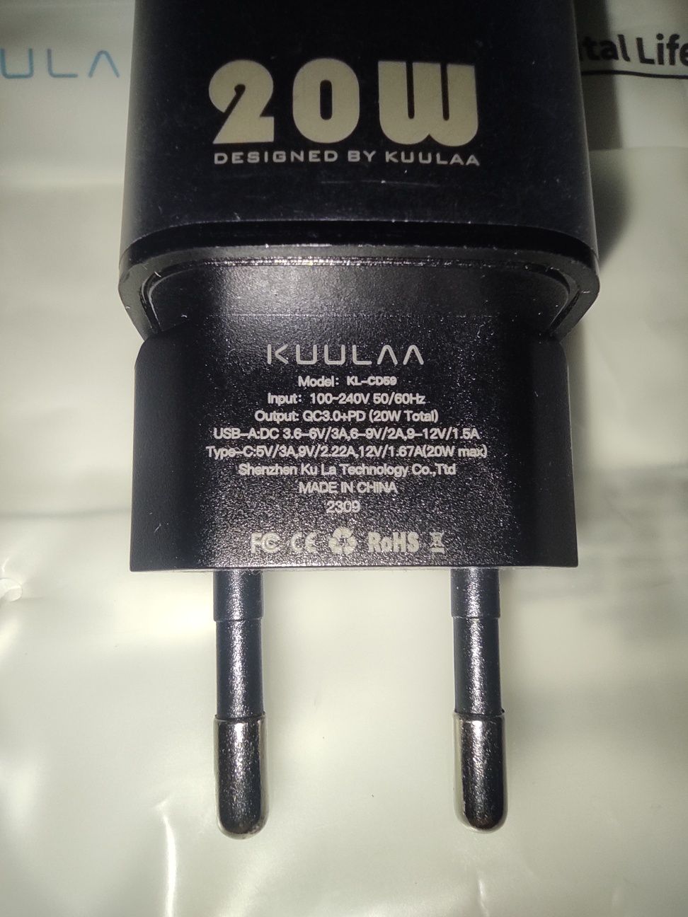 Быстрое GaN зарядное устройство Kuulaa  OC3.0 + PD3.0 20W