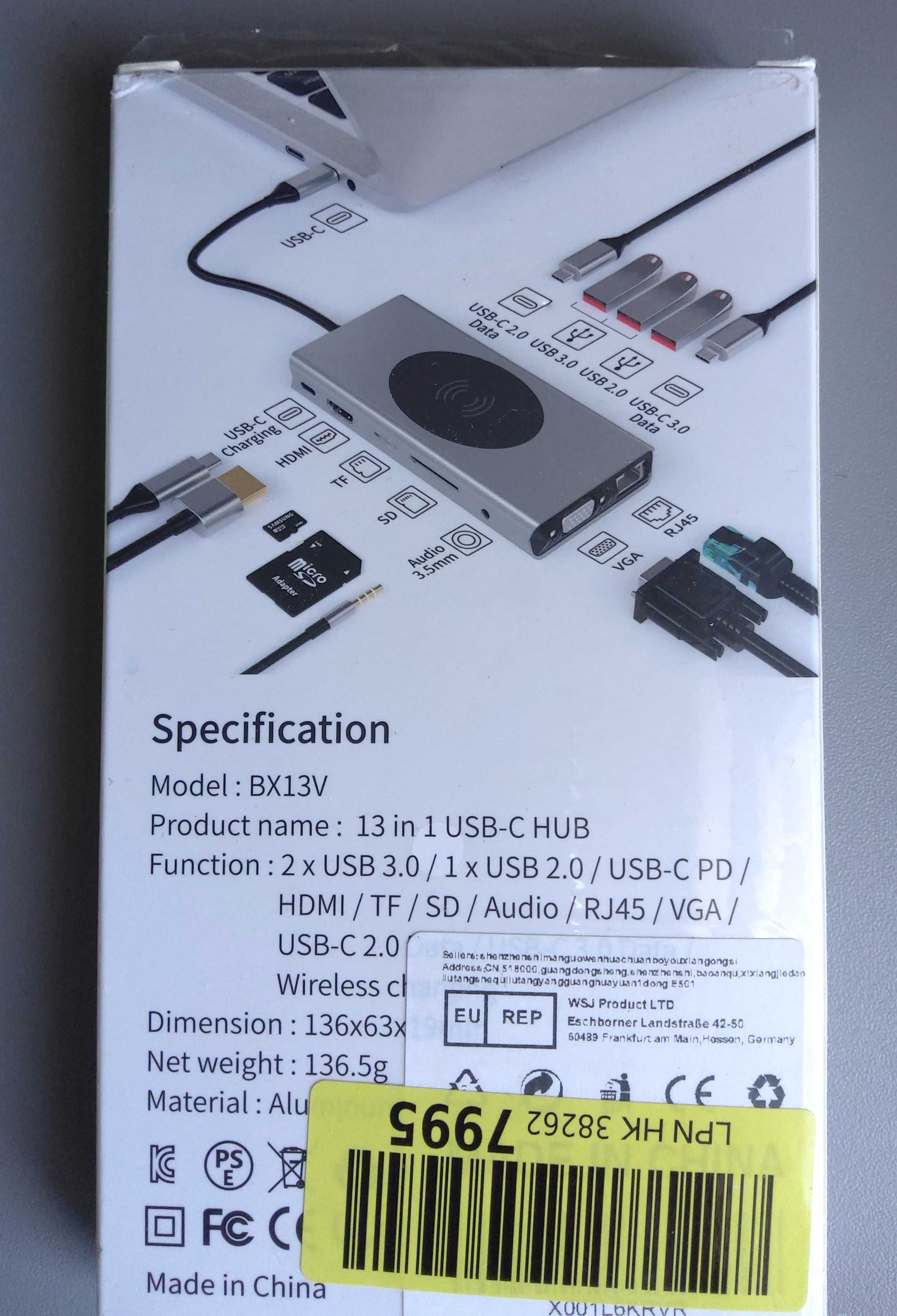 HUB Dongle bezprzewodowym ładowaniem adapter stacji dokującej 13w1 4K