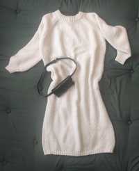 Kremowy długi sweter/ sukienka dzianinowa oversize z torebką