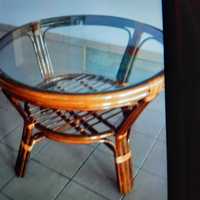 Stolik okrągły rattanowy szklany blat, rattan naturalny + 4 krzesła
