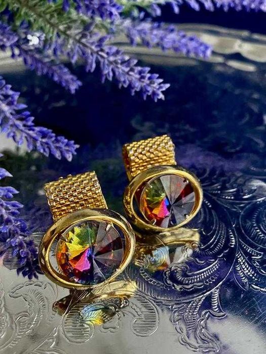 Винтаж! запонки з арбузним склом кристаллы Чехословакия