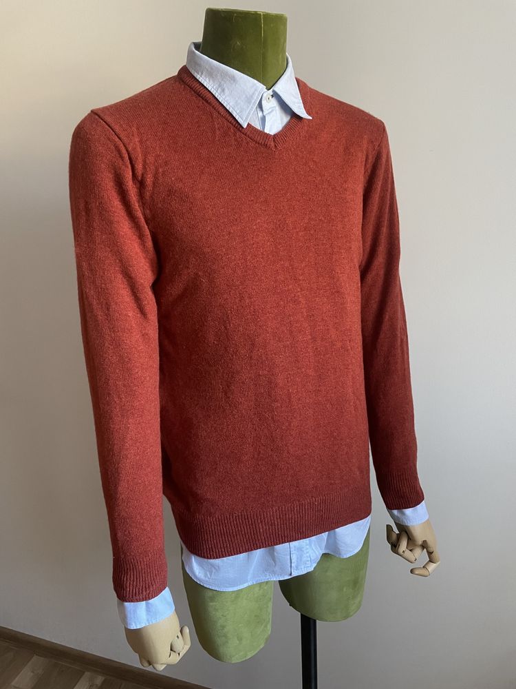 Męski sweter w serek Marks&Spencer M 100% wełna owcza jesień zima