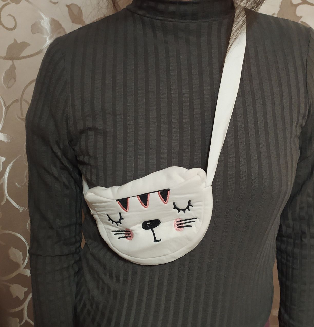 Детская сумочка сумка через плечо котик на липучках хлопковая белая