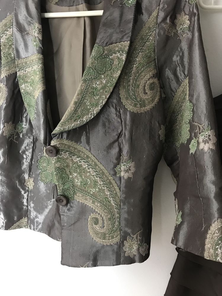 Komplet brązowa elegancka sukienka midi + żakiet kwiaty vintage