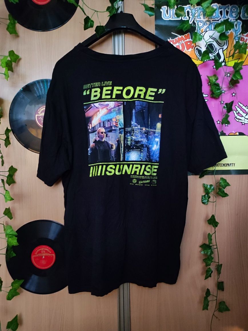 Czarny T-shirt Męski z Nadrukiem XL Oversize Terranova