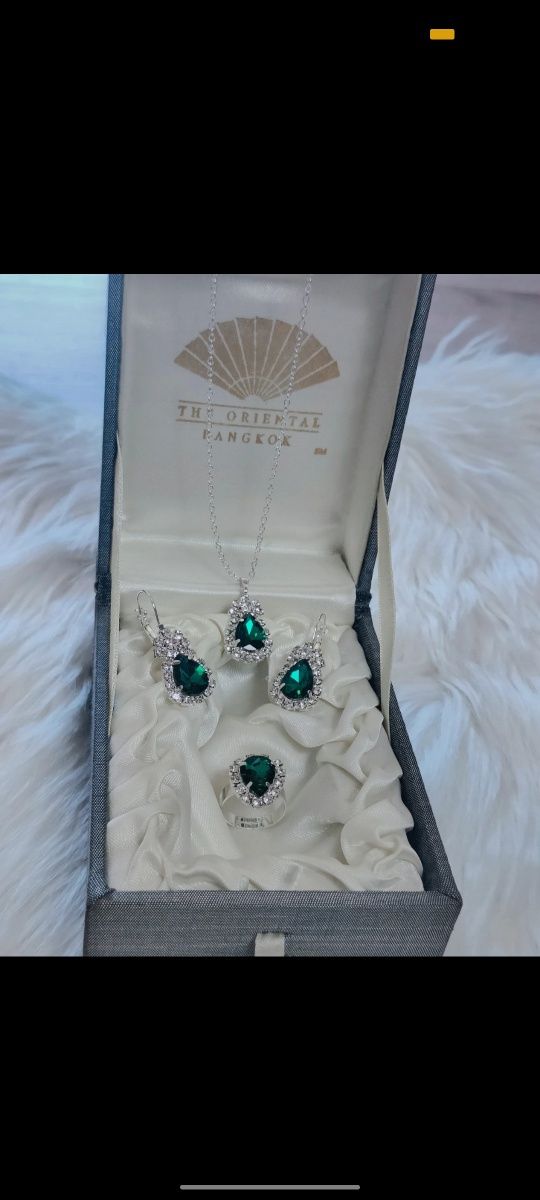 Nowy Zestaw Biżuterii Damski  Zielony Srebrny Kolor