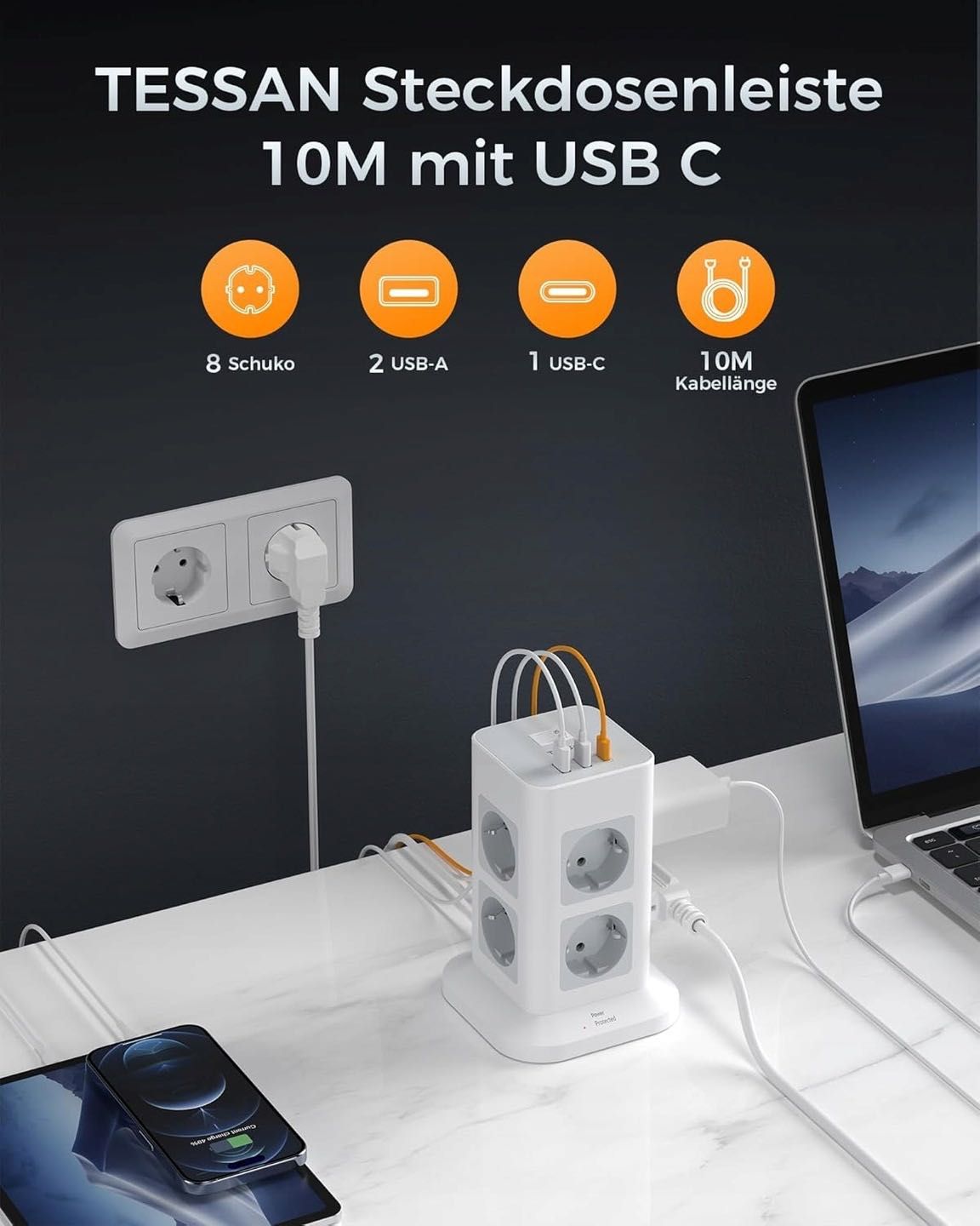 Listwa stojąca KOMPAKTOWA Tessan 8xAC 2xUSB-A 1xUSB-C 3600W 10M