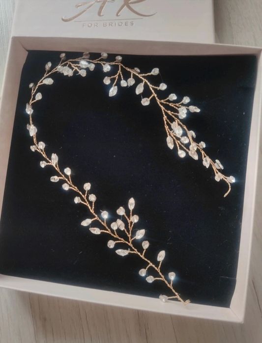 Złota ślubna ozdoba do włosów, opaska, wianek, kamyczki