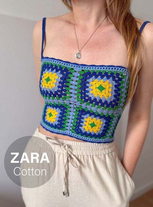 Szydełkowy top granny squares ZARA 36 wiązany na plecach hippie boho