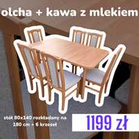 Od ręki, stół 80x140/180 + 6 krzeseł. Olcha + kawa z mlekiem , NOWE