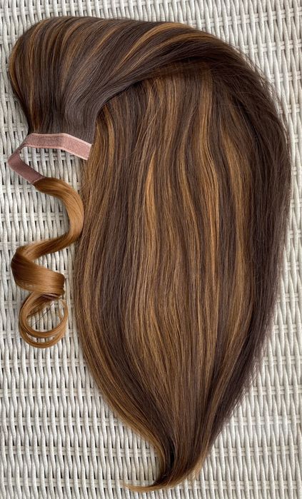 Premium Ultra włosy doczepiane, brąz z blondem, kucyk 80 cm 128.