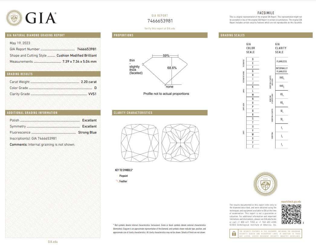 Diament Brylant 2ct D / VVS1 Cushion GIA